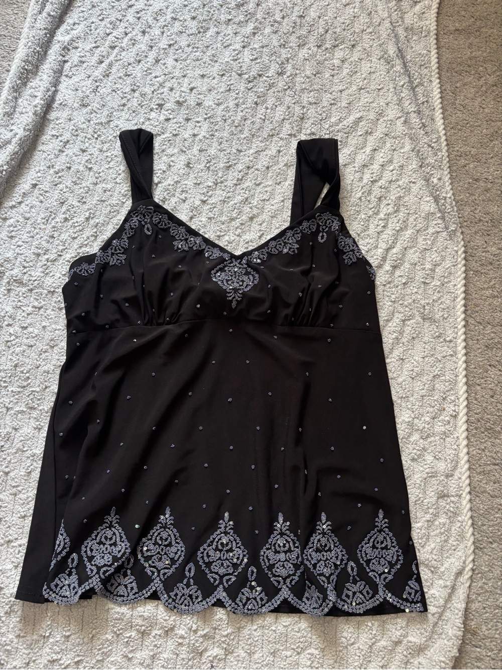 Black Embroidered Tankini Top with Silver Detailing